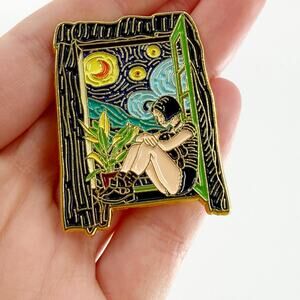 Starry Night Inspired Girl In Window Large Soft Enamel Pin
